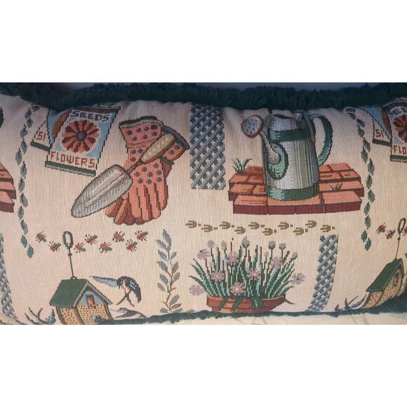 Tapestry Throw Pillow Gardening Spring 22"X12" Green Velvet Back - Picture 2 of 8